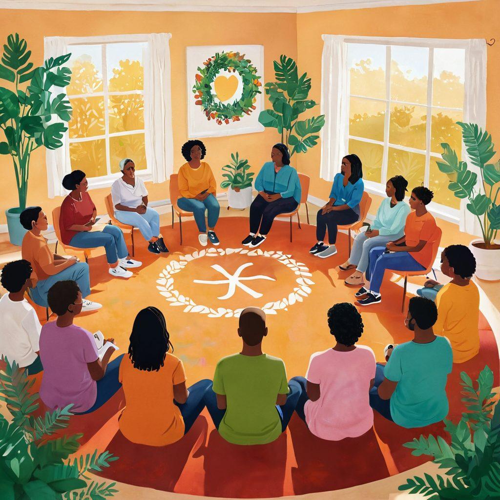 A diverse group of individuals gathered in a warm, welcoming space, sharing stories and support in a circle. Bright, uplifting colors represent hope and resilience, with symbols of awareness like ribbons subtly integrated into the background. The setting includes plants and calming elements, emphasizing community and care. super-realistic. vibrant colors. warm tones.